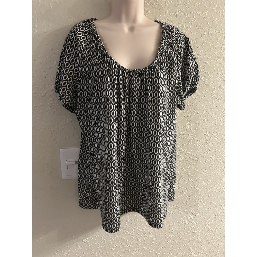 Just My Size Women 1X Peep Black White Geometric Blouse Top Cotton #331*8